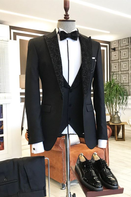 Gavin Fashion Black Three Piece Peak Jacquard Lapel Men Business Suit