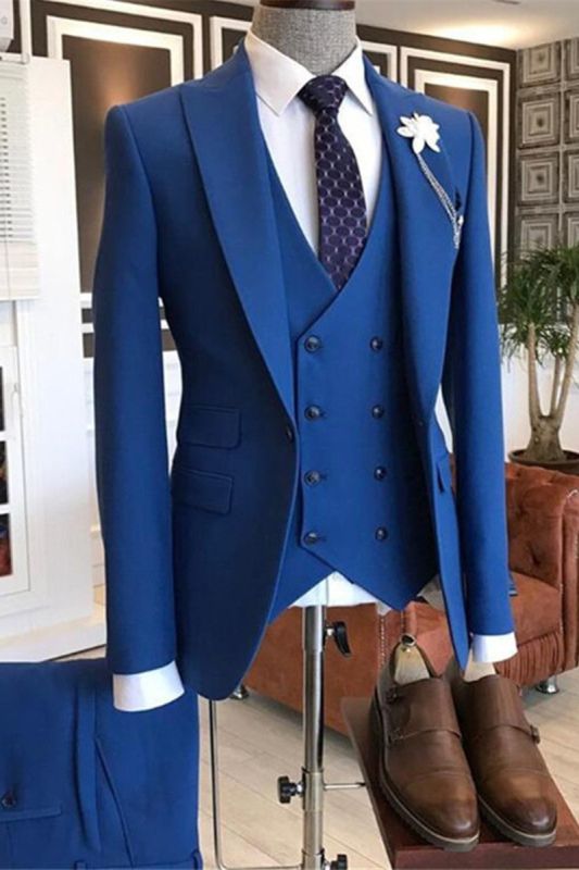 Quincy Trendy Blue Three Piece Point Lapel Men Suit