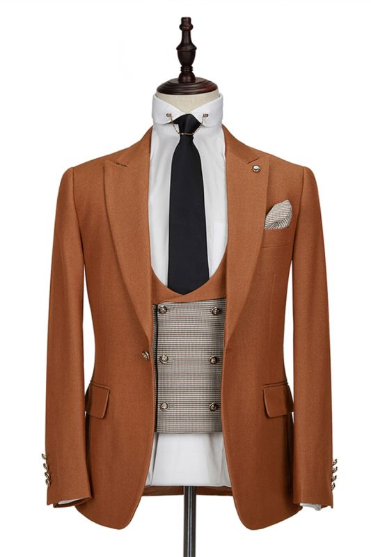 Orange Peak Lapel Three Piece Men Suit With Double Breasted Waistcoat