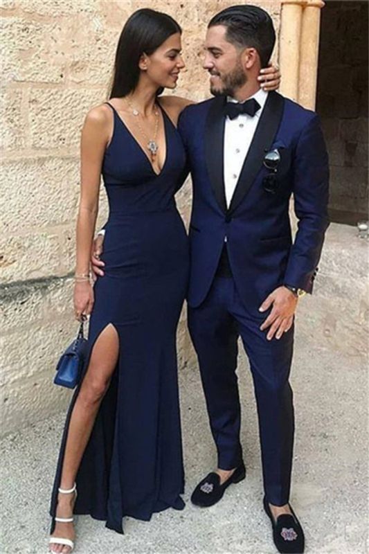 Dark Blue One Button Two Piece Prom Men Suit | Black Lapel Prom Suit