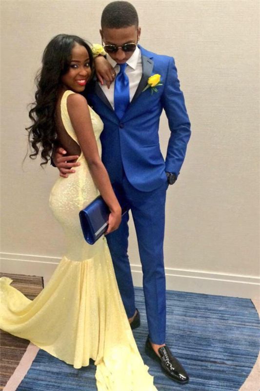 Mid Bule One Click Prom Costume | Black Lapel Two Piece Men Suit