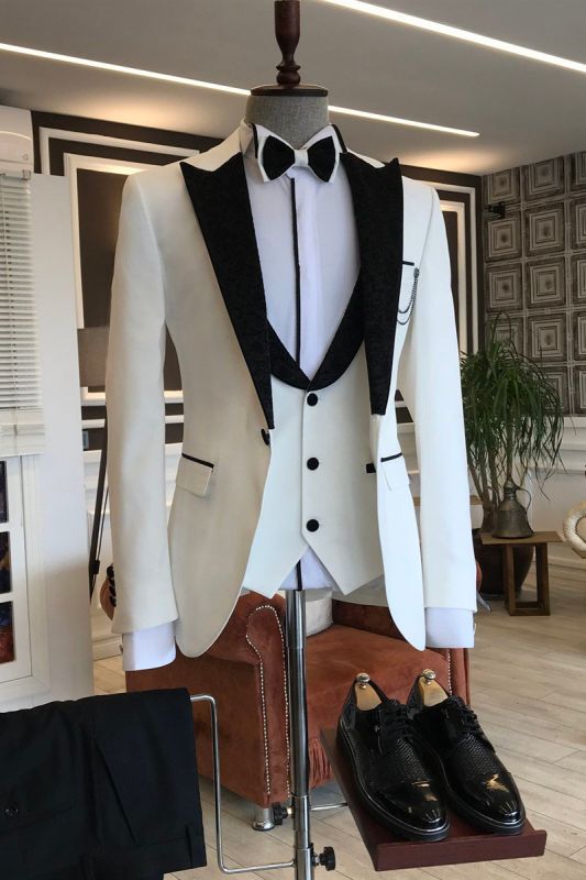 Carl Smart Three Piece White Prom Men Suit Mixed Black Point Lapel
