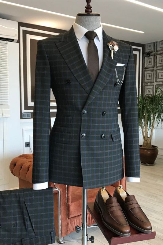 Baron Black Plaid Double Breasted Slim Fit Men Suit