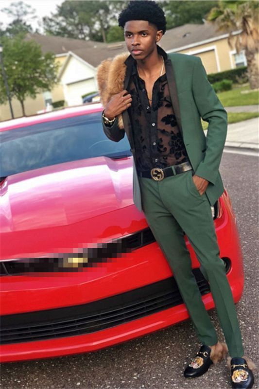 Custom Dark Green Men Suit | Two Black Silk Shawl Prom Costumes