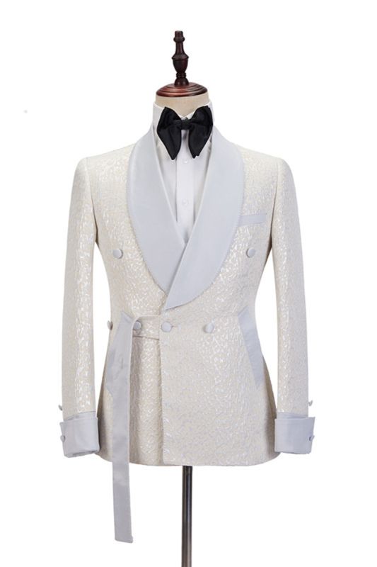 Patrick Off White Shawl Lapel Slim Fit Jacquard Custom Wedding Set