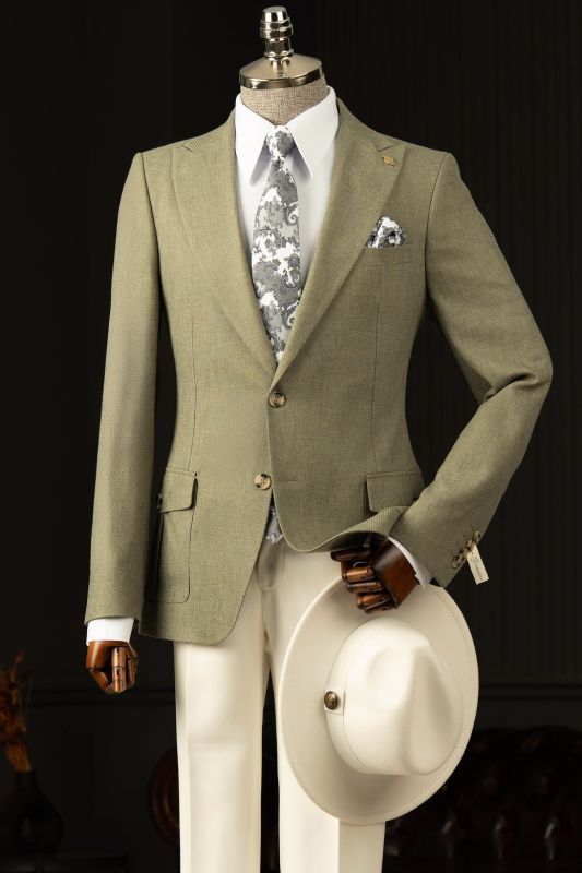 Bernie Olive Green Peaked Lapel Two Buttons Prom Suits With White Pants