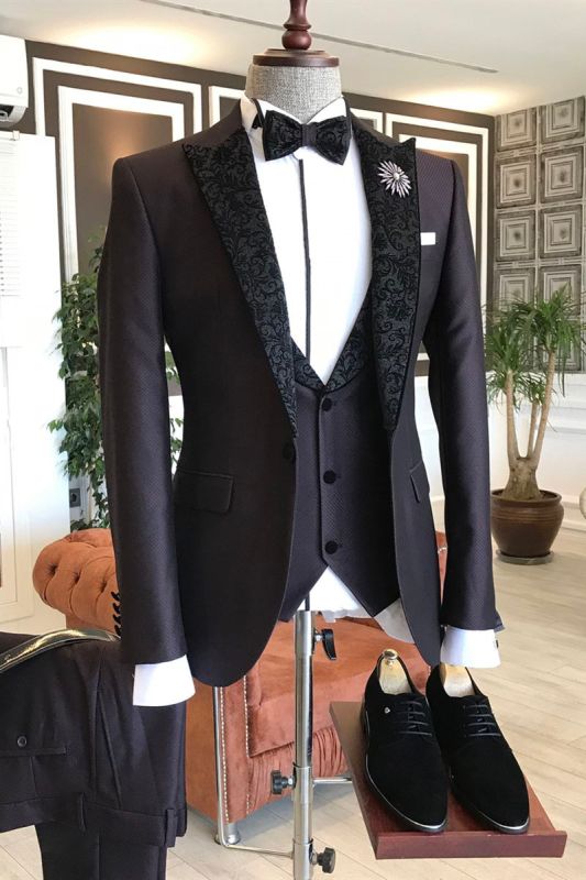 Matthew Three Piece Black Jacquard Point Lapel Custom Men Business Suit