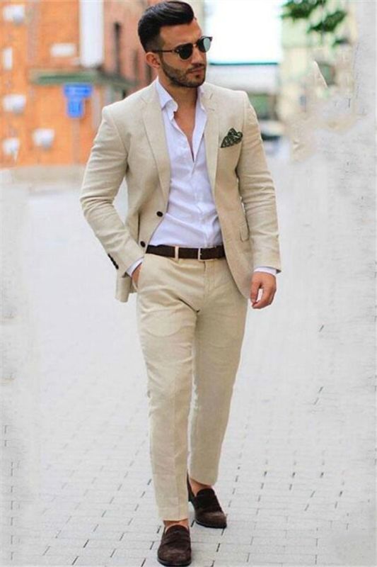 Ivory Casual Summer 2-Piece Linen Blazer Men Suit | Beige Slim Fit Groom Wedding Tuxedo