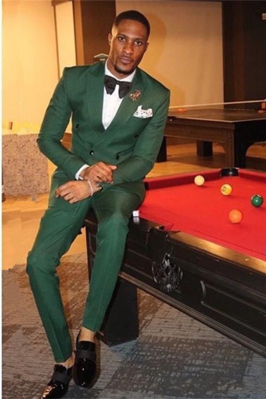 Dark Green Double Breasted Point Lapel Two Piece Men