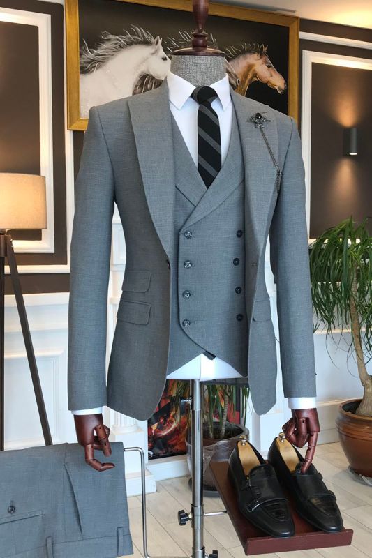 Trendy Grey Three Piece Point Lapel Business Suit For Men