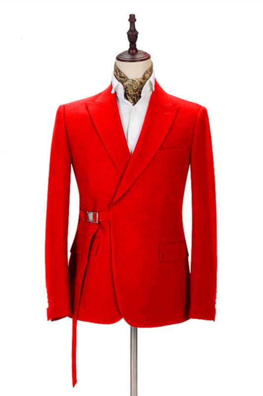 Passionate Bright Red Men Formal Suit Online | Peak Lapel Buckle Button Casual Suit For Men