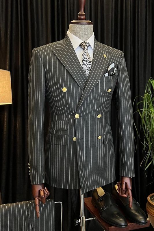 Gentleman's Dark Grey Striped Peaked Lapel Double Breasted Business Suit