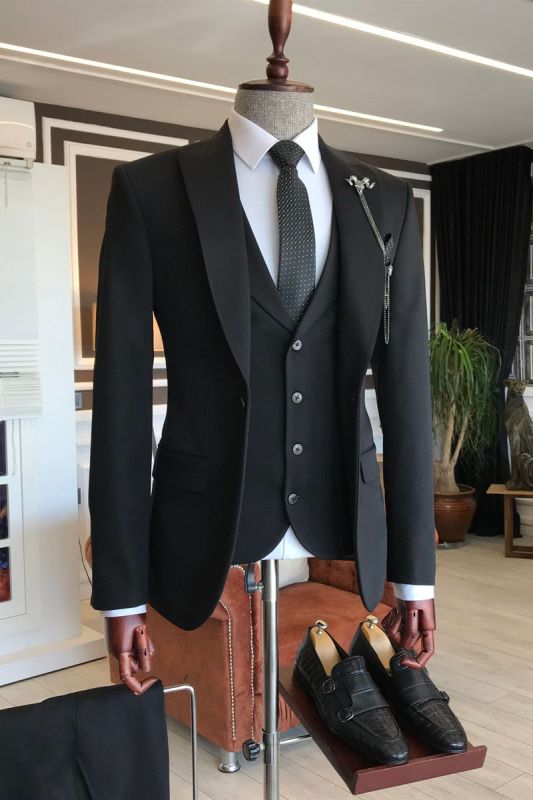 Baldwin All Black Three Piece Point Lapel Men Business Suit
