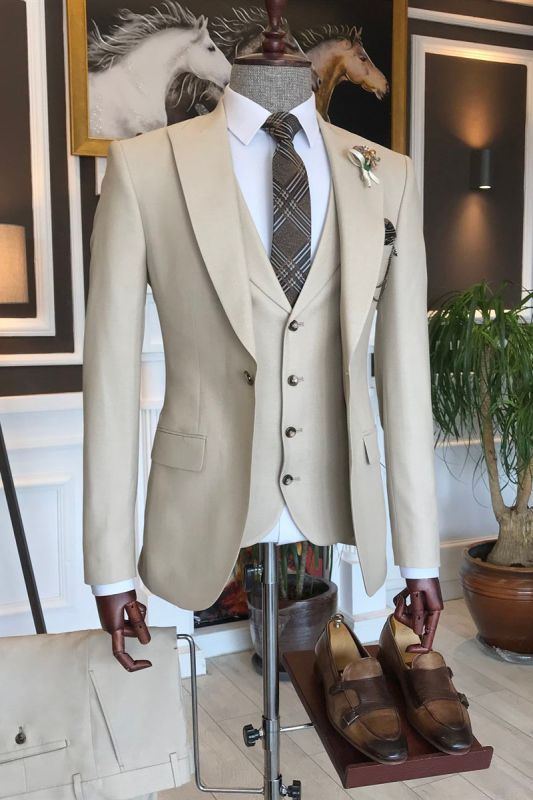 Owen Stylish Off-White Three Piece One Button Two Flap Formal Men