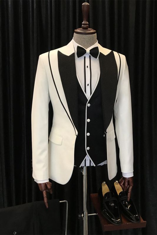 Abel Fashion White And Black Pointed Lapel Three Piece Wedding Suit
