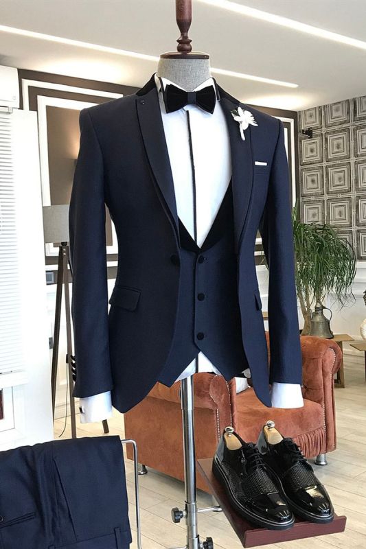 Albert Navy Three Piece Notched Lapel One Button Slim Fit Business Men Suit