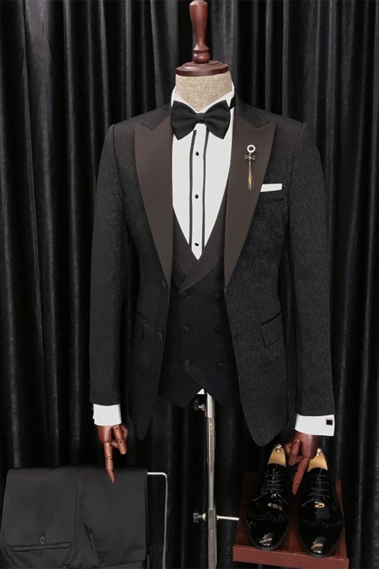Anthony Newest Black Jacquard Three Piece Point Lapel Wedding Men Suit