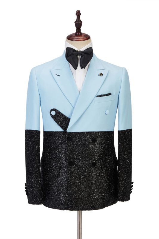Stylish Sky Blue Stitching Sparkle Black Peak Lapel 2 Piece Men Suit Online