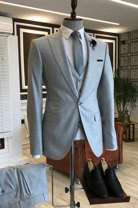 Kent Formal Light Grey Three Piece Point Lapel Men Suit