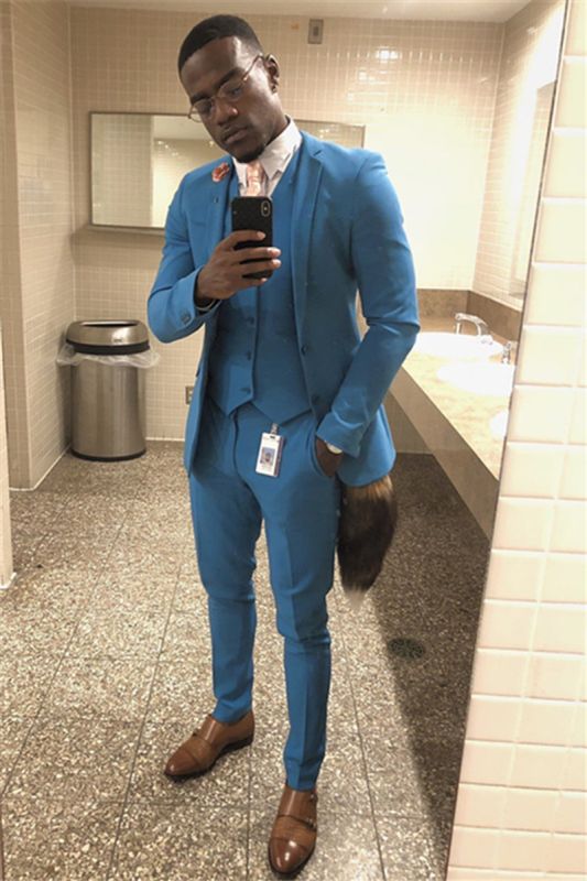 Ocean Blue Three Piece Slim Fit Notch Lapel Men Prom Suit