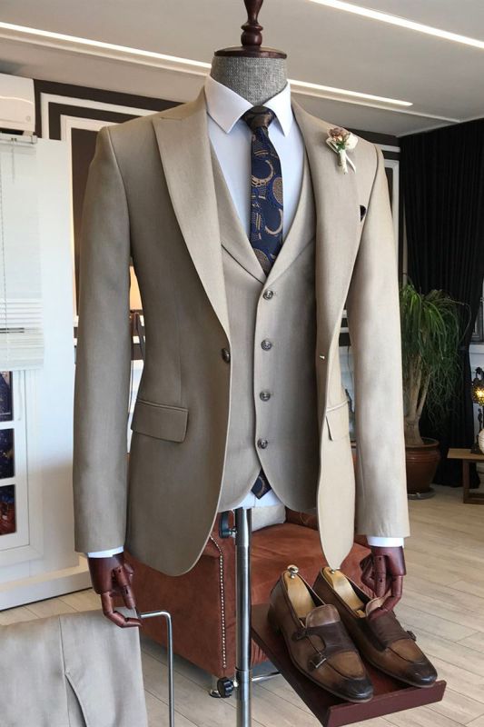 Pete Trendy Light Brown Three Piece One Button Slim Fit Business Men Suit