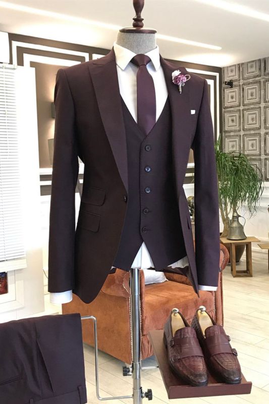 Ken Burgundy Point Lapel One Button 3 Flaps Business Men Suit