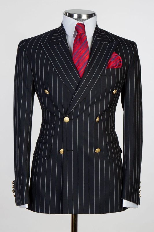 Black Slim Fit Double Breasted Pinstripe Mens Business Two Piece Suit