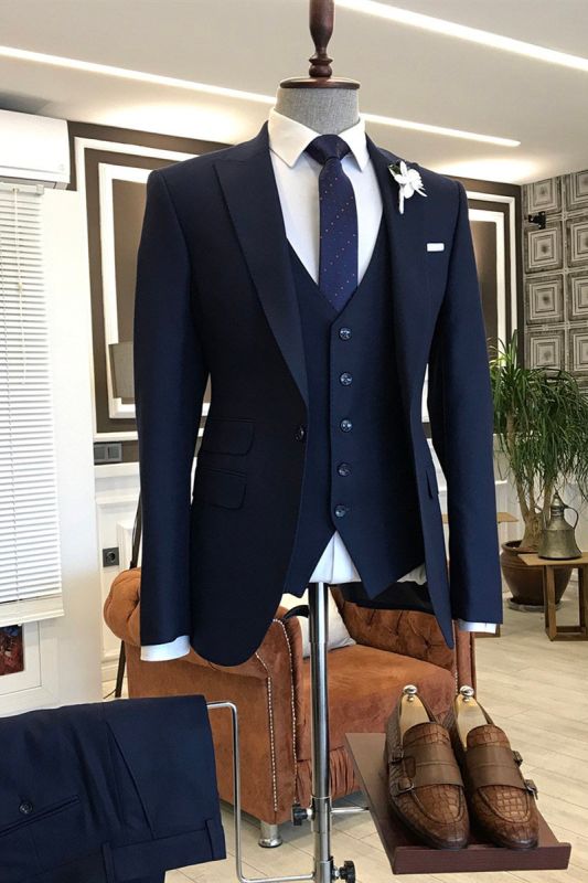 Kelly Formal Three Piece Solid Navy Blue Pointed Lapel Men Business Suit