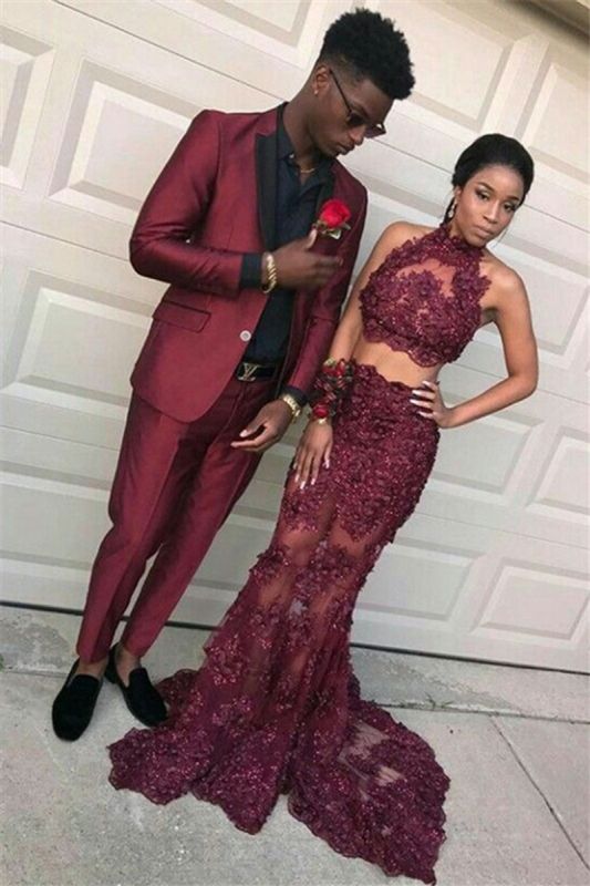 Men Handsome Burgundy Slim Fit Prom Party Suit