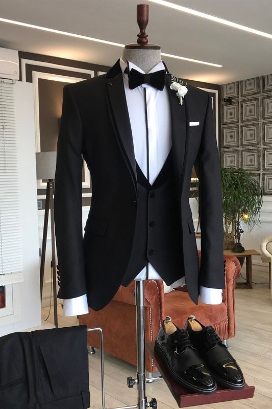 Ryan Black Three Piece Notched Lapel One Button Slim Fit Business Suit