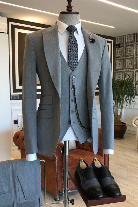 Hunter Handsome Grey Pointed Lapel Custom Men Business Suit