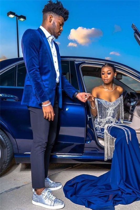 Royal Blue Velvet Prom Costume Online | Chic Peaked Laple Men Two Piece Suit