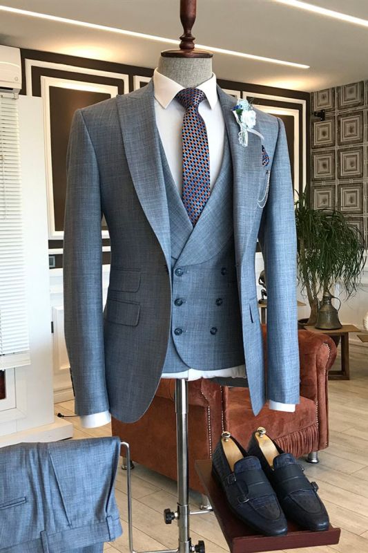 Jeffrey Formal Grey Check Point Lapel Double Breasted Vest Business Suit