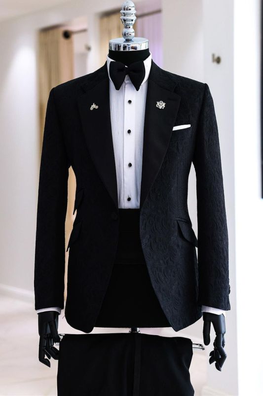 Gentleman Black Notched Lapel Jacquard Two Pieces Prom Suits