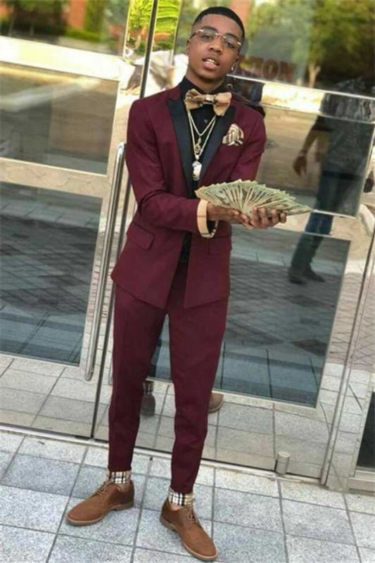 Christian Stylish Burgundy Two Piece Black Lapel Men Suit