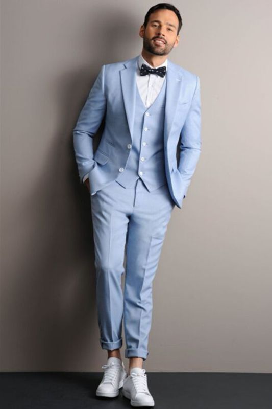Leon Sky Blue Three Piece Notch Lapel Fashion Men Suit