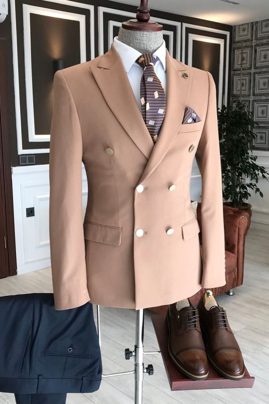 Men Business Formal Pink Point Lapel Double Breasted Two Placket Suit