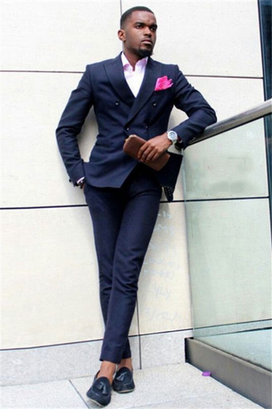 Dark Blue Double Breasted Point Lapel Slim Fit Men Suit