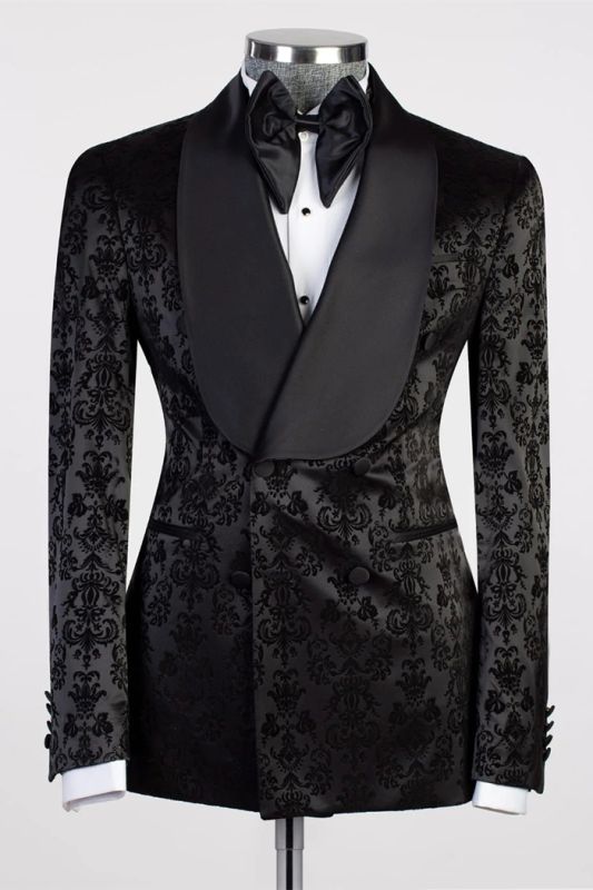 Double Breasted Black Floral Jacquard Shawl Lapel Mens Prom Suit