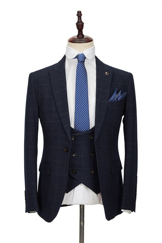 Formal Dark Navy Plaid Peak Lapel Three Piece Men Suit With Double Breasted Waistcoat