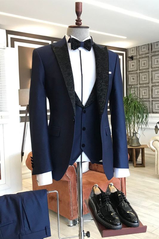 Unique Navy Blue Three Piece Black Spiked Jacquard Lapel Business Suit