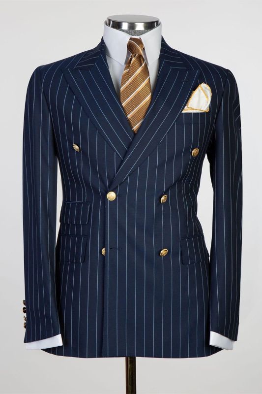 Navy Blue Slim Fit Double Breasted Pinstripe Mens Business Two Piece Suit