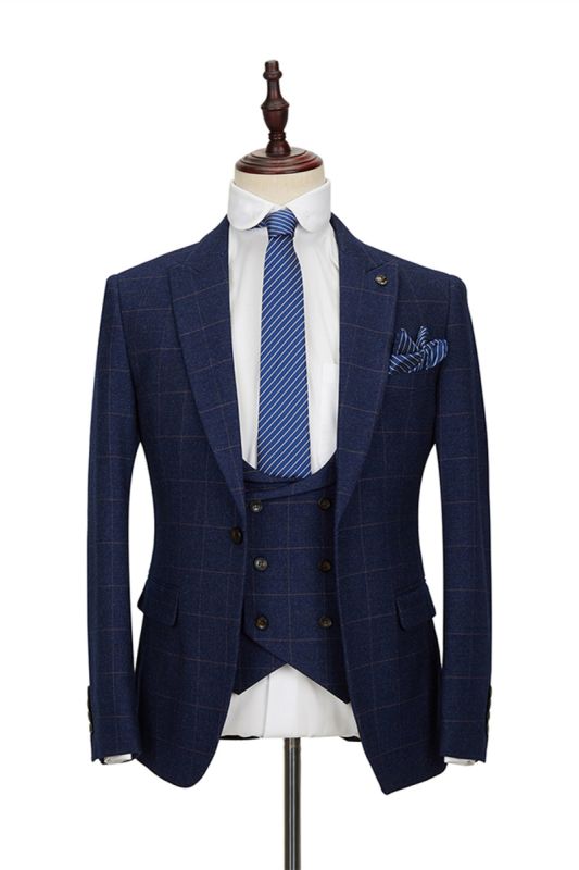 Classic Blue Plaid Peak Lapel Three Piece Men Suit With Double Breasted Waistcoat