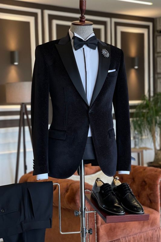 Roman Men All Black Velvet 2 Piece Point Lapel Business Suit