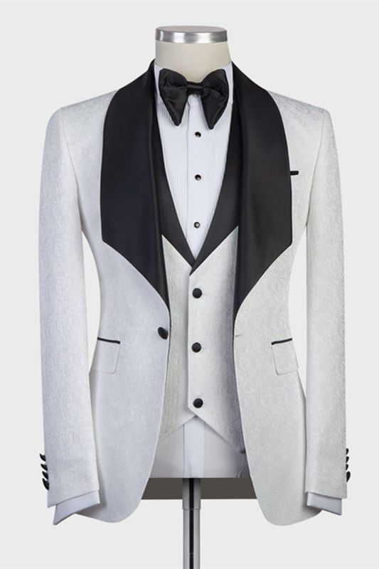 Paxton White Three Piece Jacquard Wedding Groom Suit With Black Shawl Lapel