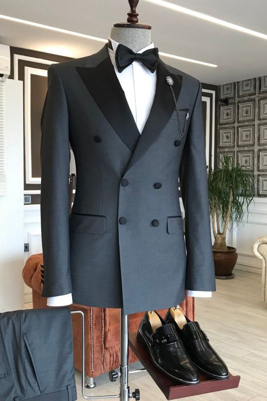 Classic Black Point Lapel Double Breasted Formal Business Suit