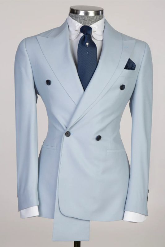 Slim Fit Sky Blue Peaked Lapel Double Breasted Two Piece Prom Suit