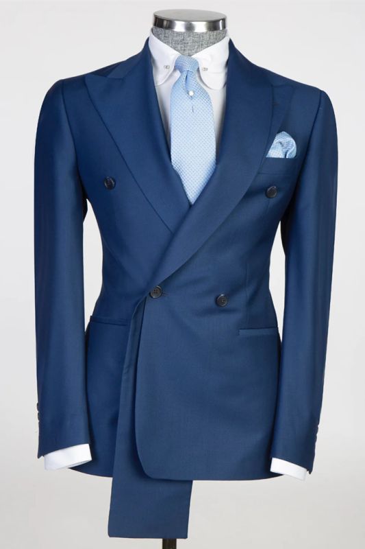 Navy Blue Peaked Lapel Double Breasted Two Piece Prom Suits