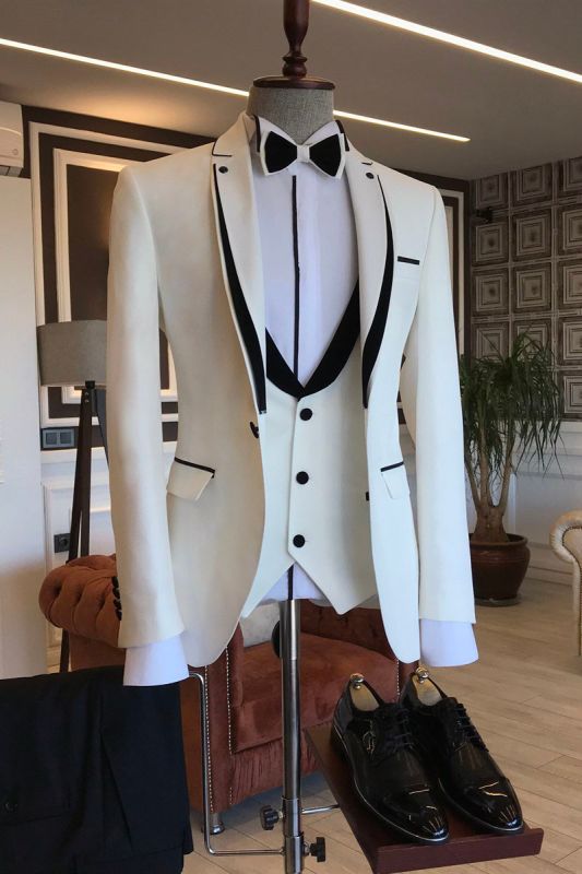 Matt Simple Black White Notched Lapel Slim Fit Prom Men Suit