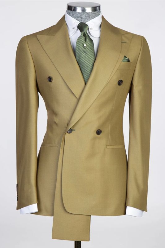 Slim Fit Golden Brown Peak Lapel Double Breasted Prom Two-Piece Suit